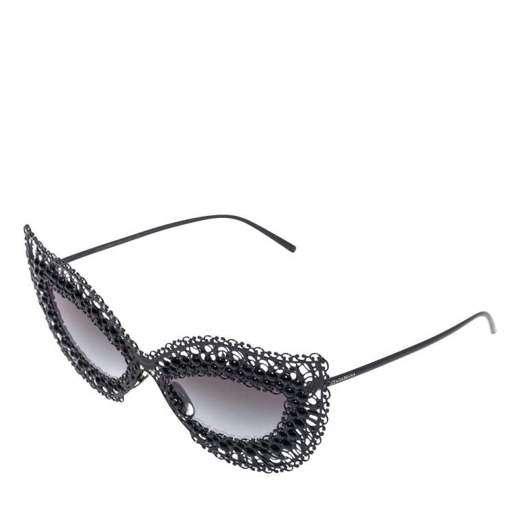 Pre Owned Dolce & Gabbana Black & Pearl Lace Filigree / Grey Gradient DG 2238-H Cat Eye Sunglasses