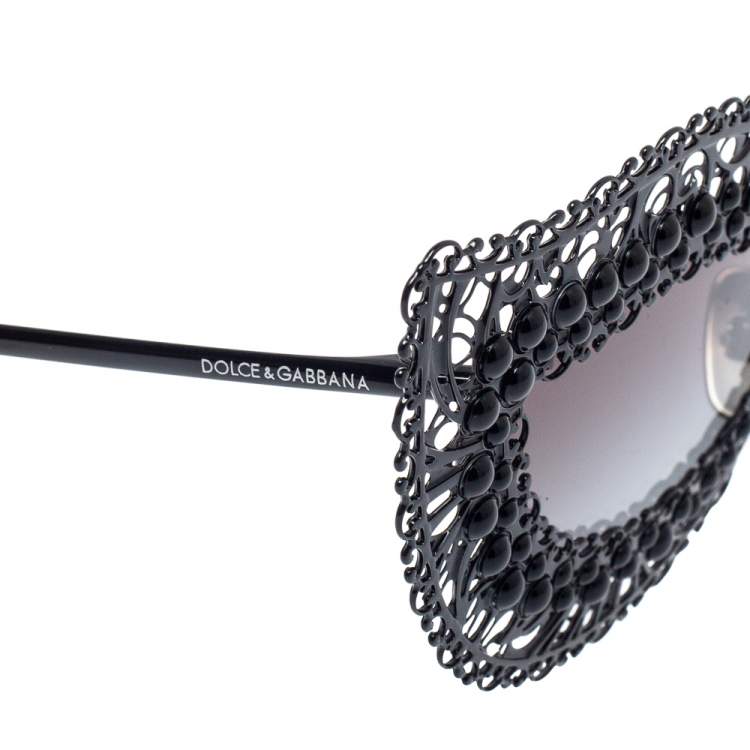 Pre Owned Dolce & Gabbana Black & Pearl Lace Filigree / Grey Gradient DG 2238-H Cat Eye Sunglasses