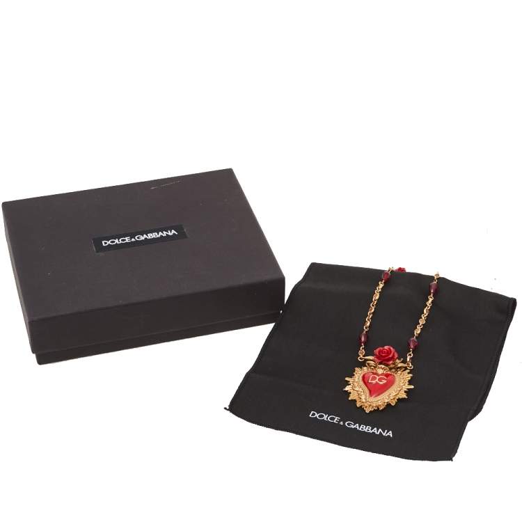 Pre Owned Dolce & Gabbana Red Enamel Sacred Heart Double Strand Necklace