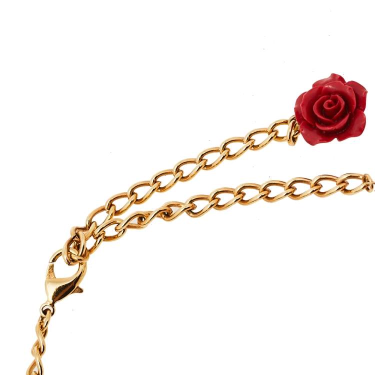 Pre Owned Dolce & Gabbana Red Enamel Sacred Heart Double Strand Necklace