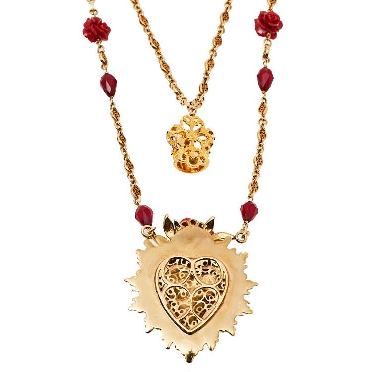 Pre Owned Dolce & Gabbana Red Enamel Sacred Heart Double Strand Necklace