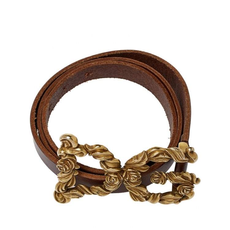 Pre Owned Dolce and Gabbana Brown Leather Baroque Logo Buckle Belt 105 cm