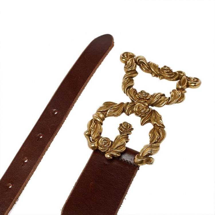 Pre Owned Dolce and Gabbana Brown Leather Baroque Logo Buckle Belt 105 cm