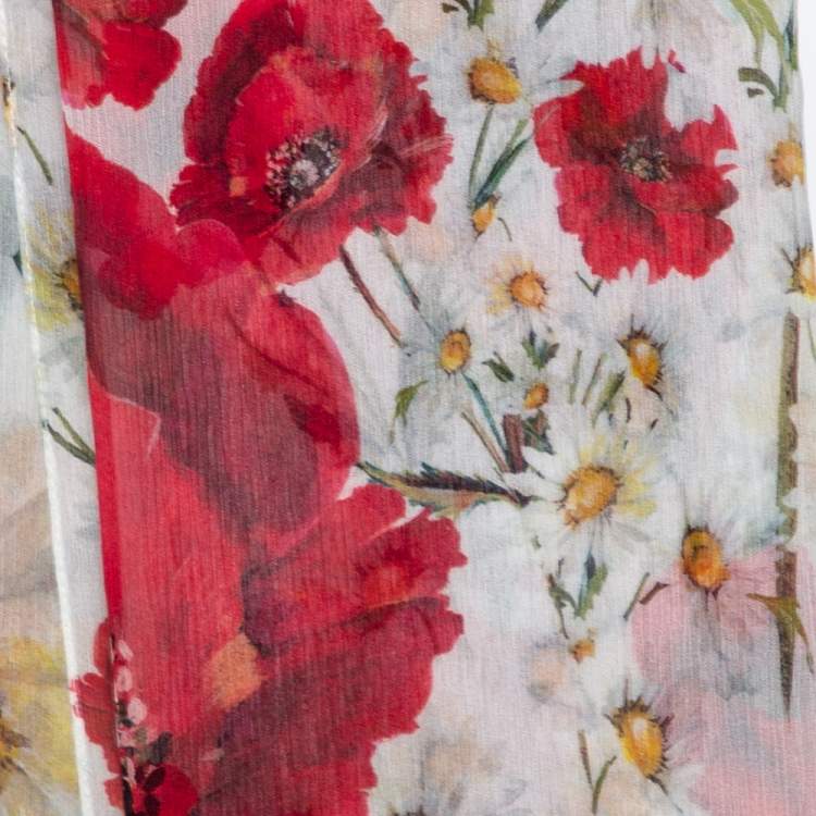 Pre Owned Dolce & Gabbana White Daisy & Poppy Print Silk Crepe Shawl
