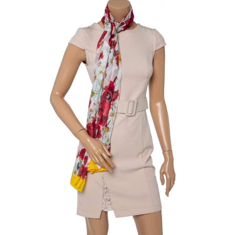Pre Owned Dolce & Gabbana White Daisy & Poppy Print Silk Crepe Shawl