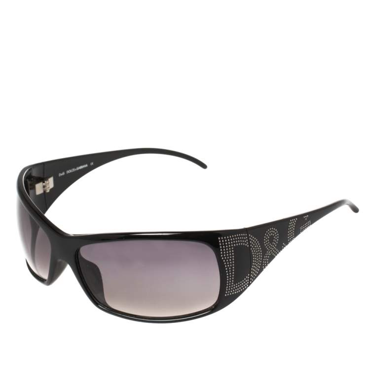 Pre Owned Dolce & Gabbana Black Studded Logo/ Grey Gradient Rectangle Sunglasses