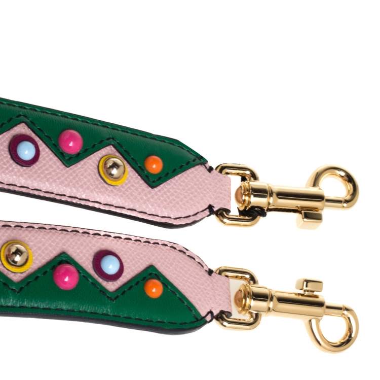 Pre Owned Dolce & Gabbana Pink/Green Leather Studded Shoulder Bag Strap