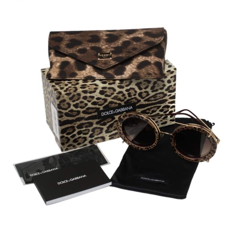 Pre Owned Dolce & Gabbana Brown Leopard Print DG2198 Gradient Round Sunglasses