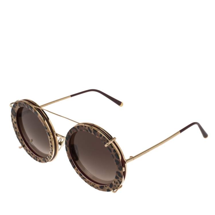 Pre Owned Dolce & Gabbana Brown Leopard Print DG2198 Gradient Round Sunglasses