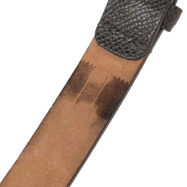 Pre Owned Dolce & Gabbana Dark Grey Dauphine Leather Logo Plague Slim Belt 90CM