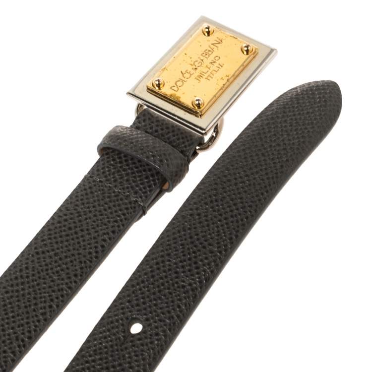 Pre Owned Dolce & Gabbana Dark Grey Dauphine Leather Logo Plague Slim Belt 90CM
