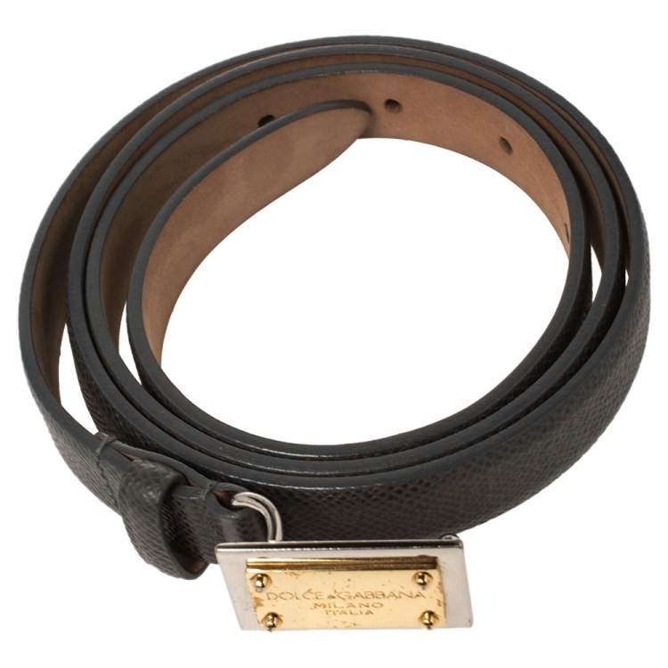 Pre Owned Dolce & Gabbana Dark Grey Dauphine Leather Logo Plague Slim Belt 90CM