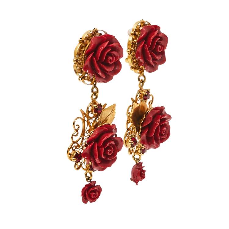 Pre Owned Dolce & Gabbana Rose Crystal Embedded Clip-On Drop Earrings 