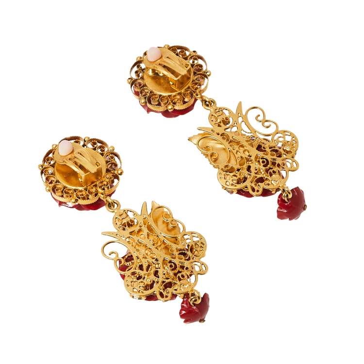 Pre Owned Dolce & Gabbana Rose Crystal Embedded Clip-On Drop Earrings 