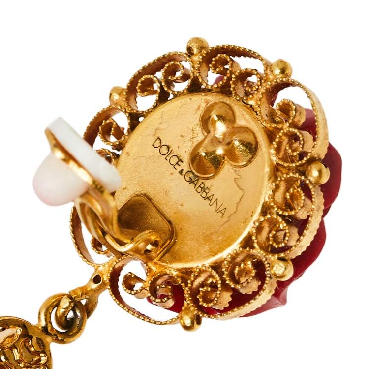 Pre Owned Dolce & Gabbana Rose Crystal Embedded Clip-On Drop Earrings 