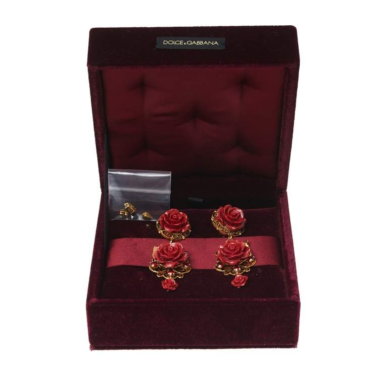 Pre Owned Dolce & Gabbana Rose Crystal Embedded Clip-On Drop Earrings 