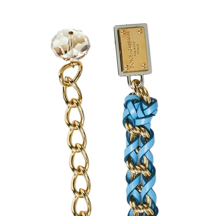 Pre Owned Dolce & Gabbana Blue Braided Leather Gold Tone Chain Belt