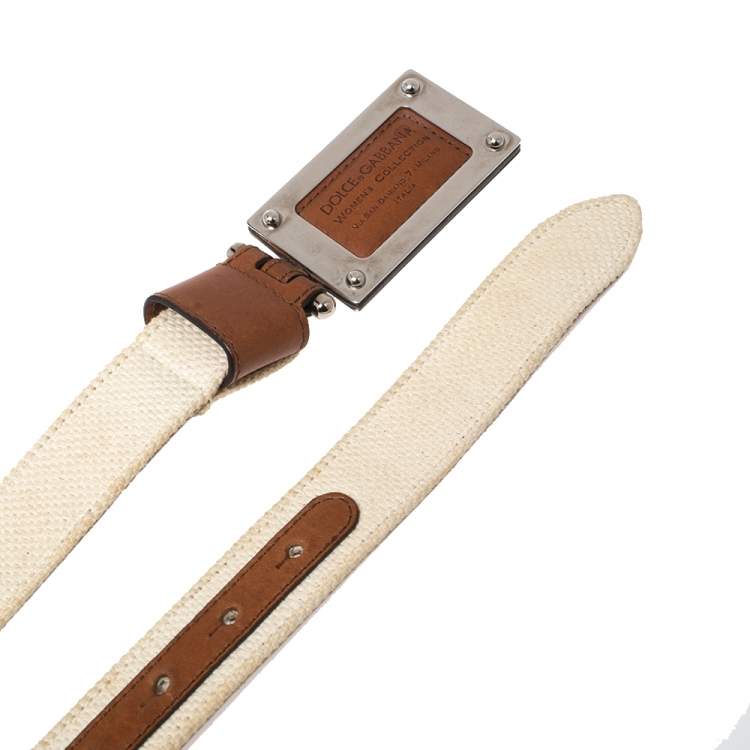 Pre Owned Dolce & Gabbana Woven Canvas Logo Plaque Buckle Belt