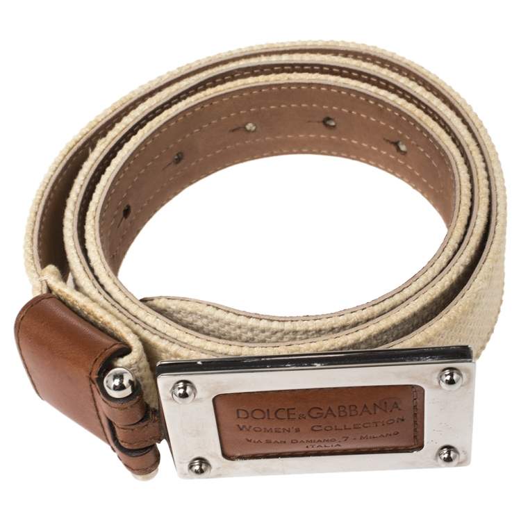 Pre Owned Dolce & Gabbana Woven Canvas Logo Plaque Buckle Belt