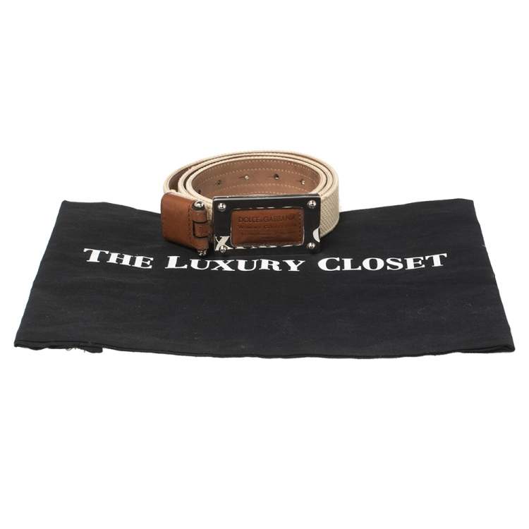 Pre Owned Dolce & Gabbana Woven Canvas Logo Plaque Buckle Belt