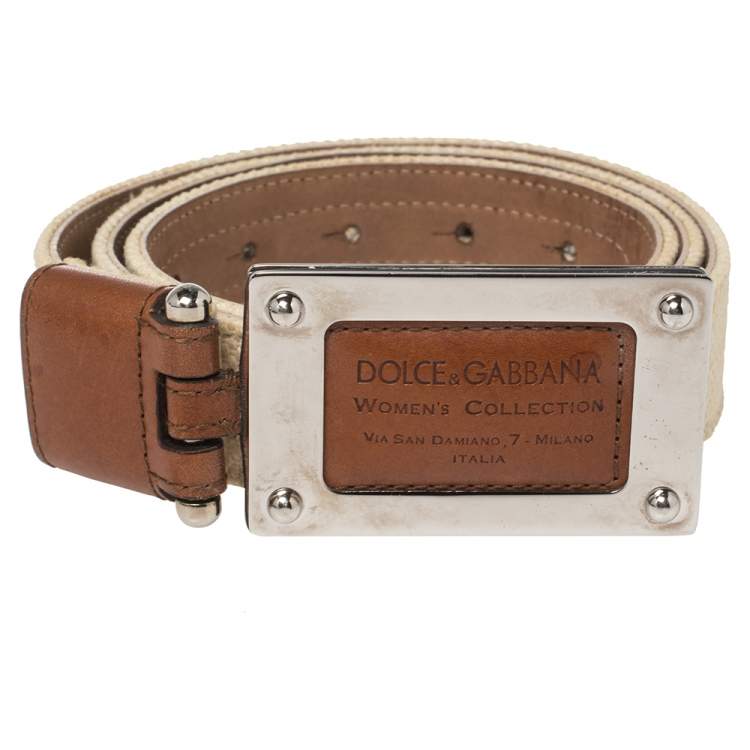 Pre Owned Dolce & Gabbana Woven Canvas Logo Plaque Buckle Belt