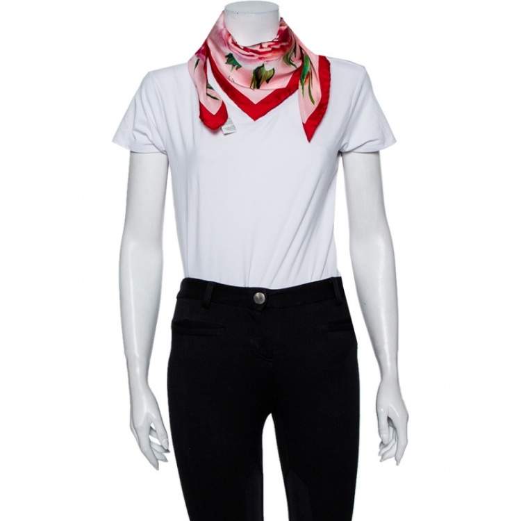 Pre Owned Dolce & Gabbana Pink Rose Printed Silk Square Scarf