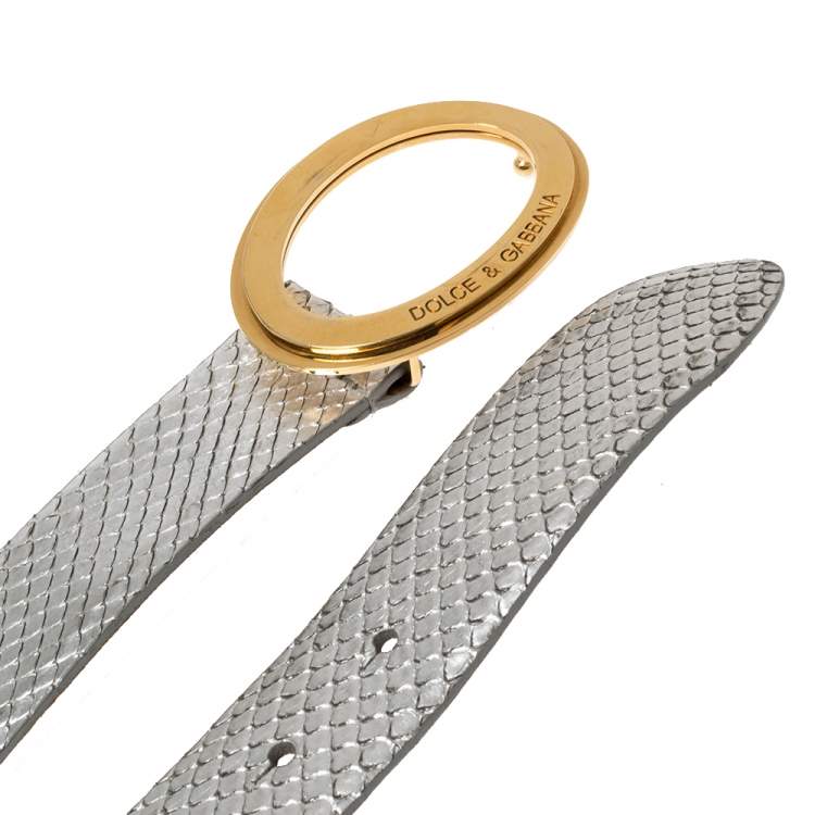مملوكة مسبقًا Dolce & Gabbana Metallic Silver Python Oval Buckle Belt 90CM