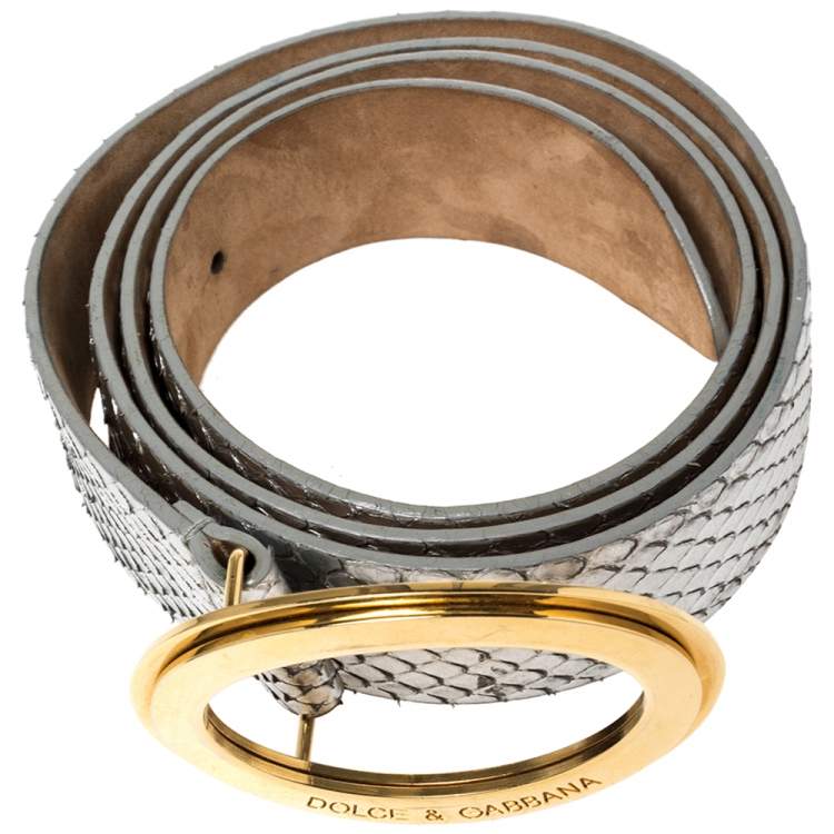 مملوكة مسبقًا Dolce & Gabbana Metallic Silver Python Oval Buckle Belt 90CM
