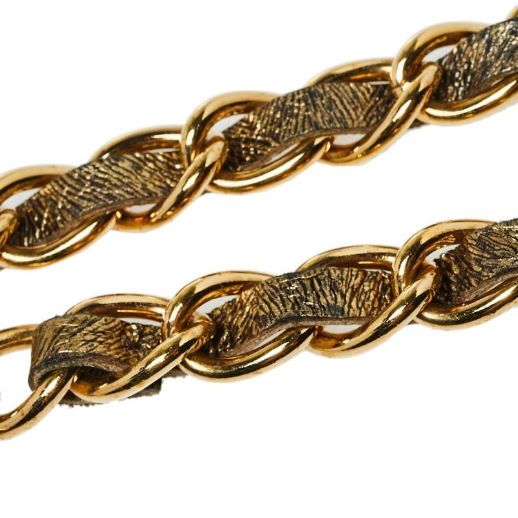 Pre Owned Dolce & Gabbana Metallic Gold Interlaced Leather Gold Tone Chain Belt 105CM