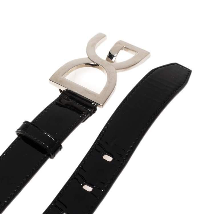 Pre Owned Dolce & Gabbana Black Patent Leather Logo Buckle Belt 90 CM