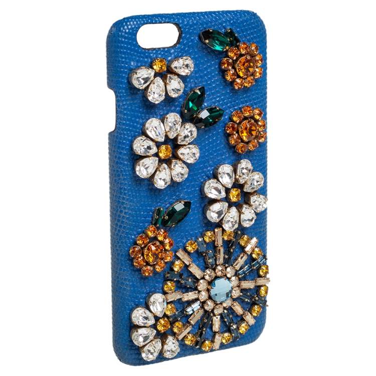 Pre Owned Dolce & Gabbana Blue Leather Crystal Embellished iPhone 6 Case