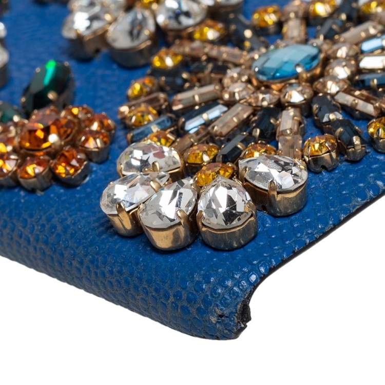 Pre Owned Dolce & Gabbana Blue Leather Crystal Embellished iPhone 6 Case