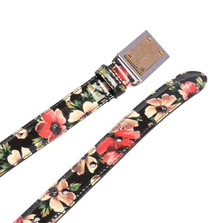 Pre Owned Dolce & Gabbana Black Floral Print Patent Leather Logo Plaque Slim Belt 85 CM