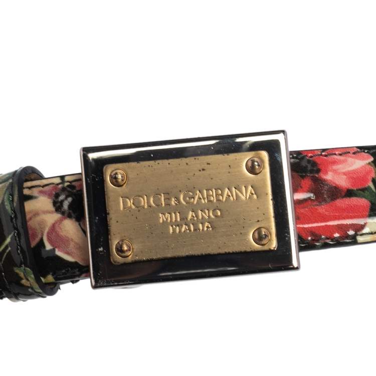 Pre Owned Dolce & Gabbana Black Floral Print Patent Leather Logo Plaque Slim Belt 85 CM