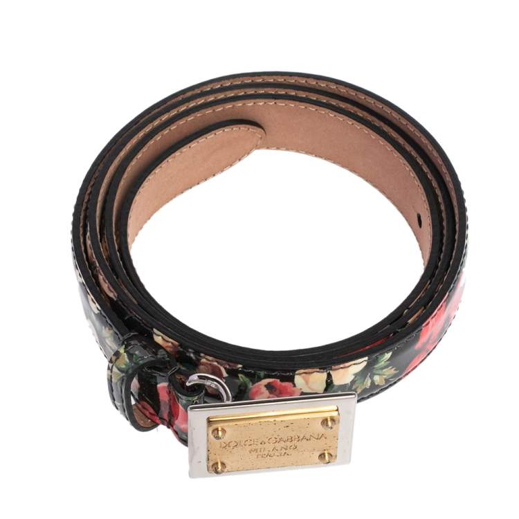 Pre Owned Dolce & Gabbana Black Floral Print Patent Leather Logo Plaque Slim Belt 85 CM