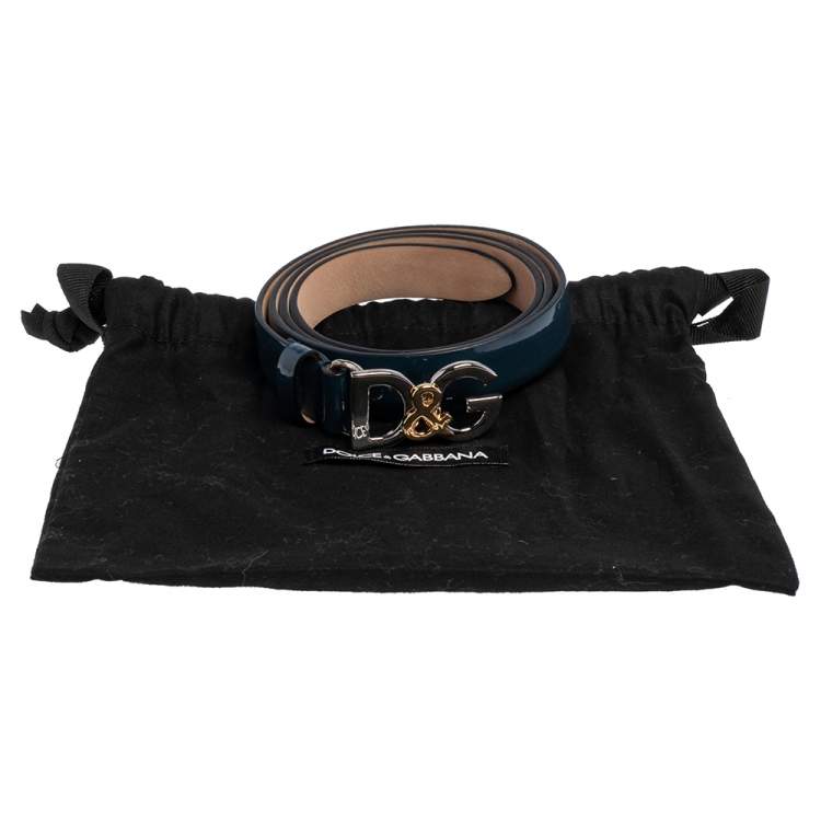 Pre Owned Dolce & Gabbana Blue Patent Leather D&G Logo Slim Belt 85 CM