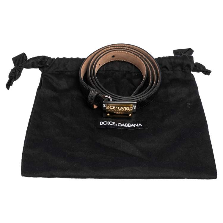 Pre Owned Dolce & Gabbana Black Leopard Print Coated Canvas Logo Plaque Slim Belt 85 CM