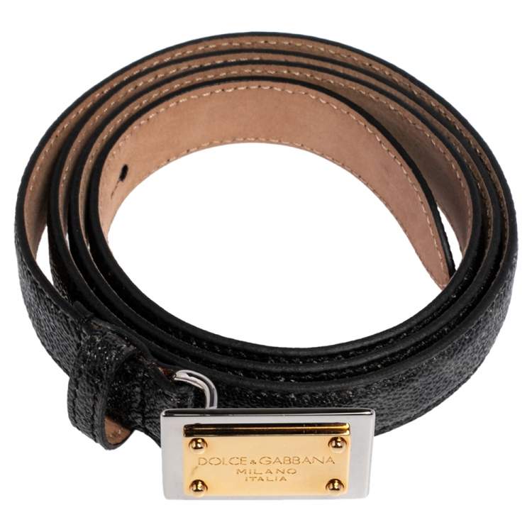 Pre Owned Dolce & Gabbana Black Leopard Print Coated Canvas Logo Plaque Slim Belt 85 CM