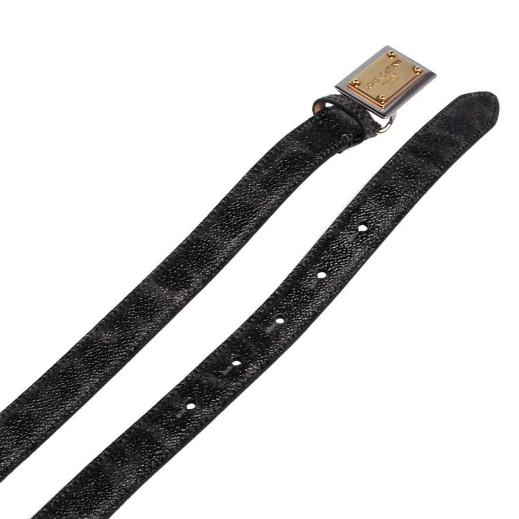 Pre Owned Dolce & Gabbana Black Leopard Print Coated Canvas Logo Plaque Slim Belt 85 CM