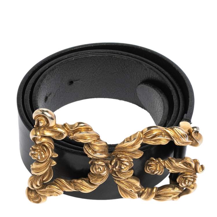 Pre Owned Dolce and Gabbana Black Leather Baroque Logo Buckle Belt 90 CM