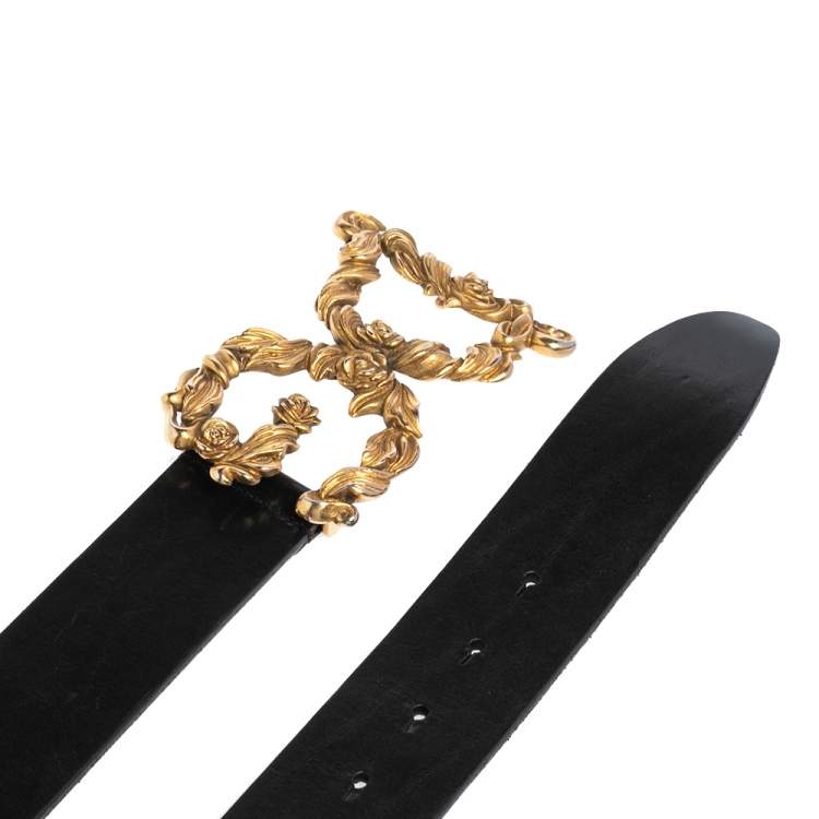 Pre Owned Dolce and Gabbana Black Leather Baroque Logo Buckle Belt 90 CM