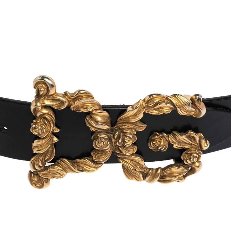 Pre Owned Dolce and Gabbana Black Leather Baroque Logo Buckle Belt 90 CM