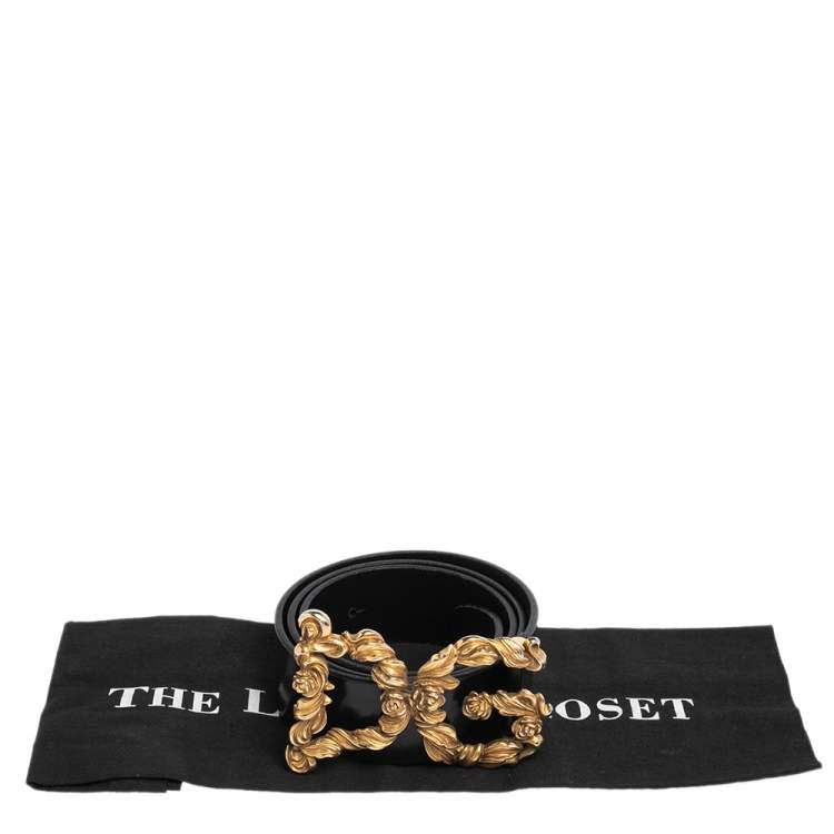 Pre Owned Dolce and Gabbana Black Leather Baroque Logo Buckle Belt 90 CM