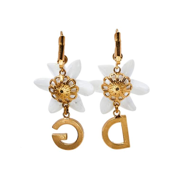 Pre Owned Dolce & Gabbana Lily Crystal Logo Drop Earrings