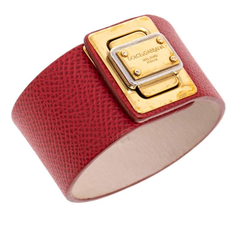 Pre Owned Dolce & Gabbana Gold Tone Red Leather Bracelet M