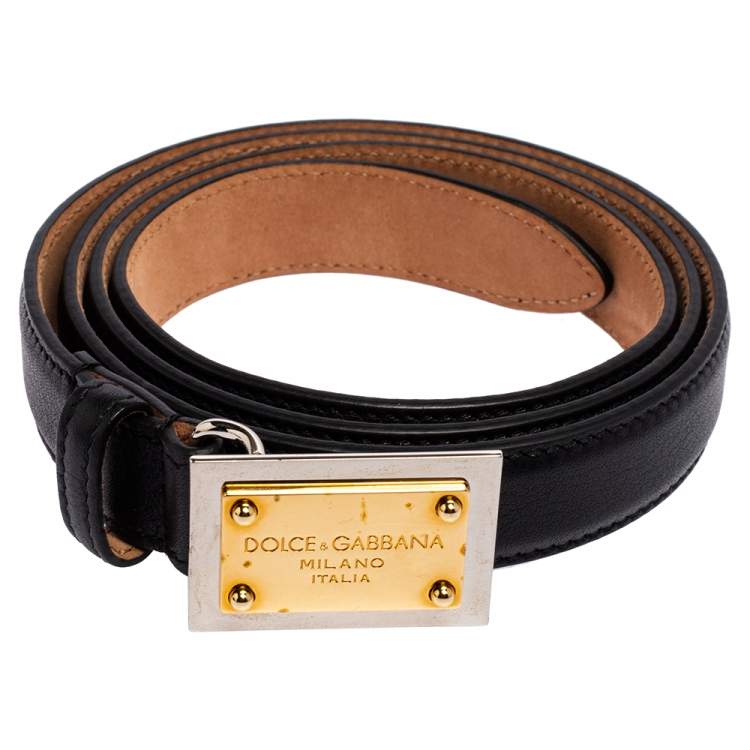 Pre Owned Dolce & Gabbana Black Leather Logo Plaque Slim Belt 85 CM