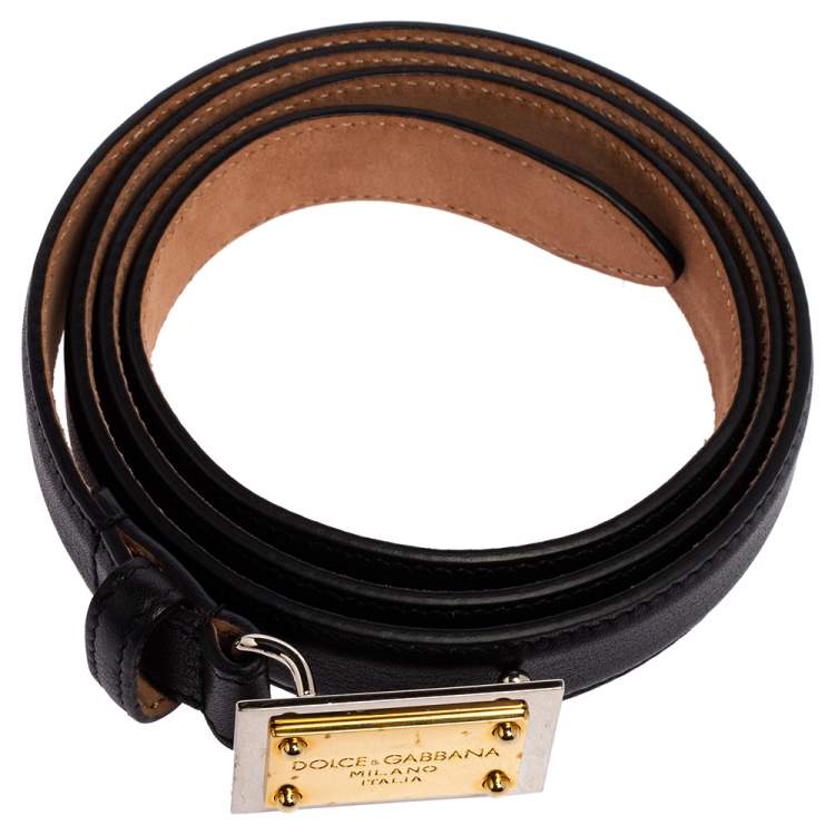 Pre Owned Dolce & Gabbana Black Leather Logo Plaque Slim Belt 85 CM