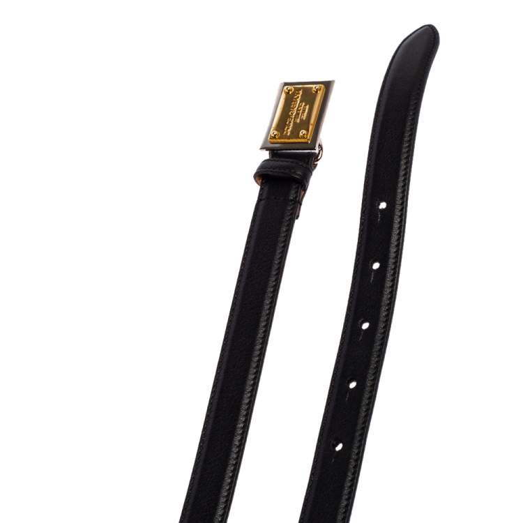 Pre Owned Dolce & Gabbana Black Leather Logo Plaque Slim Belt 85 CM