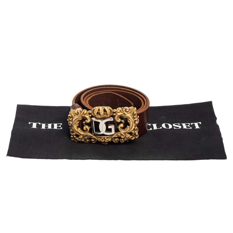 Pre Owned Dolce & Gabbana Dark Brown Leather Metal Baroque Logo Belt 90CM