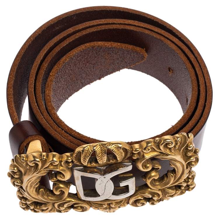 Pre Owned Dolce & Gabbana Dark Brown Leather Metal Baroque Logo Belt 90CM